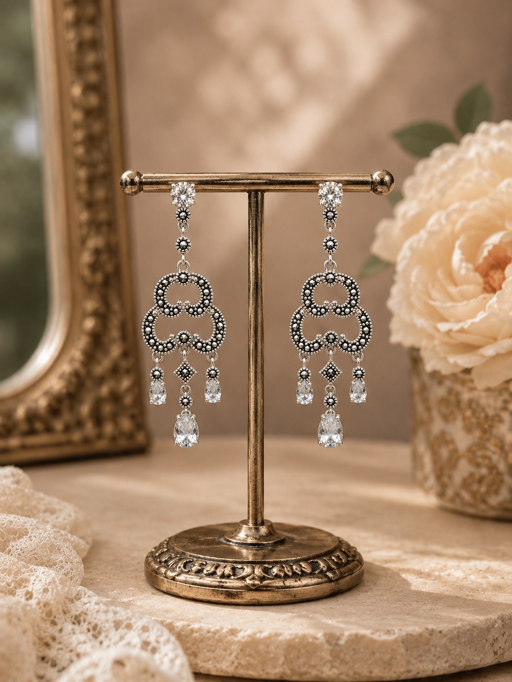 Vintage Marcasite & Crystal Sterling Silver Chandelier Earrings Dangle Jewelry